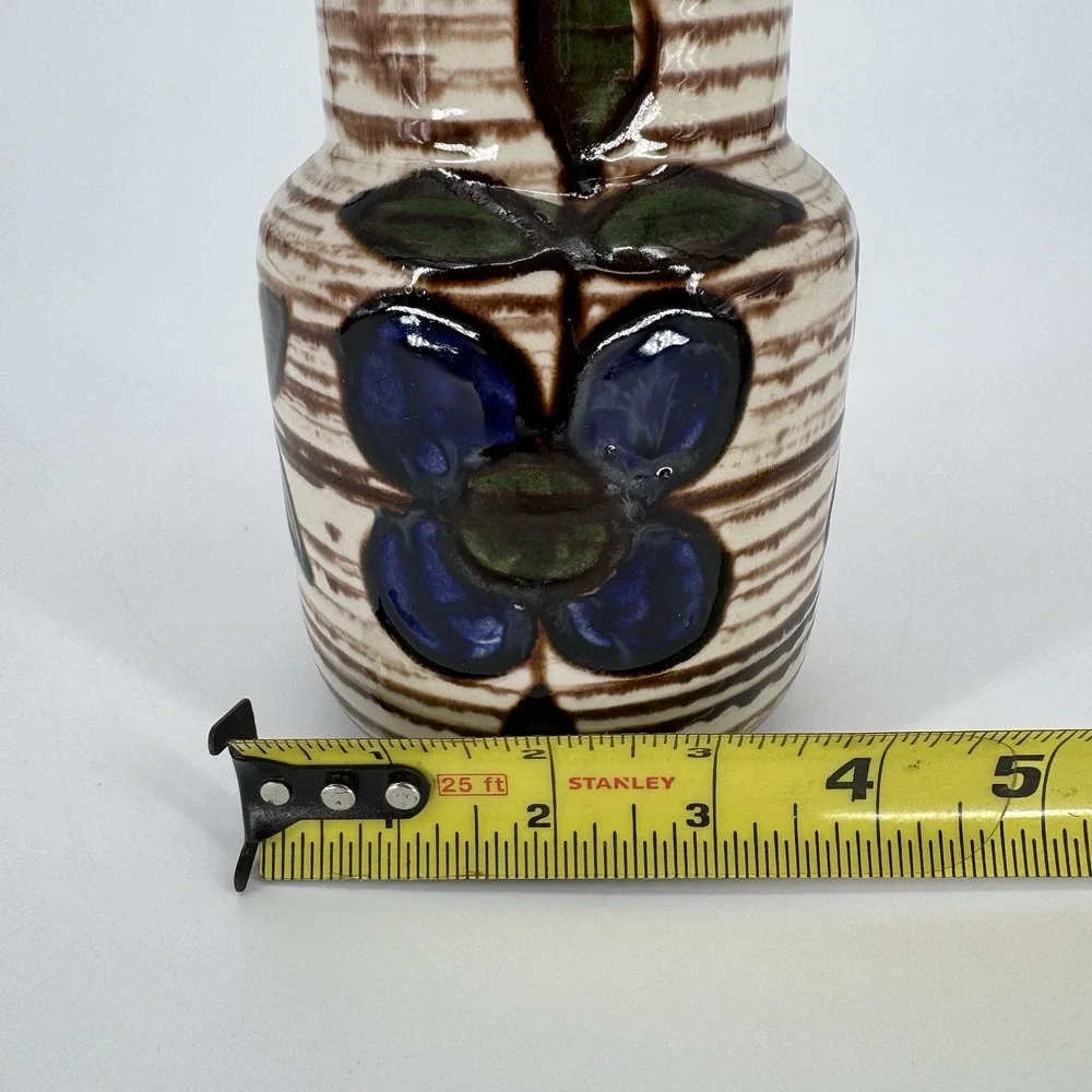 Mid Century Modern Vase Austria Blue Floral Terracotta Glaze Vintage Bohemian‎